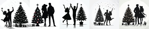 vector silhouette happy couple celebrating Christmas in front of the Christmas tree