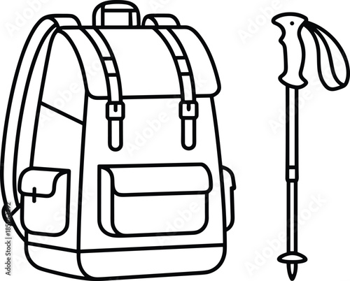 Hiking trekking line icons set, backpack walking stick symbols, outdoor adventure travel equipment concept, CAD drawing flat vector illustration