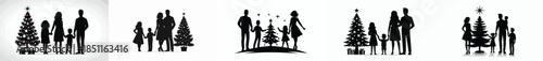 vector silhouette happy family celebrating Christmas in front of the Christmas tree