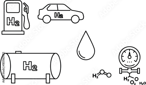 Hydrogen energy icons set, H2 fuel station car tank gauge molecule symbols, clean power concept, CAD 