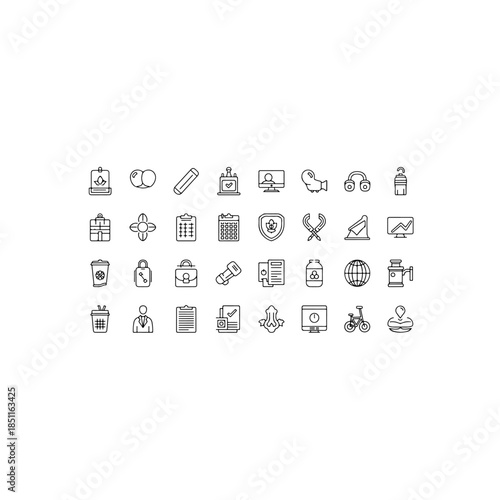 Diverse business, office, communication, fitness, food, and everyday objects line art vector icons. modern outline symbols for digital design, apps, web, infographics, and corporate presentations.