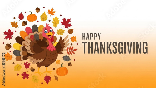 Happy Thanksgiving turkey illustration with autumn leaves and pumpkins festive holiday design for greeting cards and banners