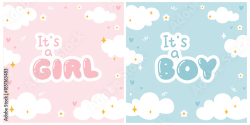 Set of two square vector cards with it is a girl and boy lettering clouds and stars in cute doodle style. Ideal for gender reveal baby shower textiles packaging and nursery stationery design.