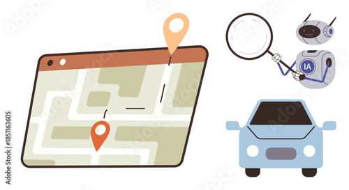 Navigation map with marked route, AI robot holding magnifier exploring data, and parked car. Ideal for AI technology, smart mobility, navigation, geolocation, autonomous vehicles, innovation data