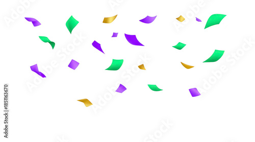 Colorful confetti green purple and gold falling in midair on transparent background festive and joyful perfect for celebration party or event decoration