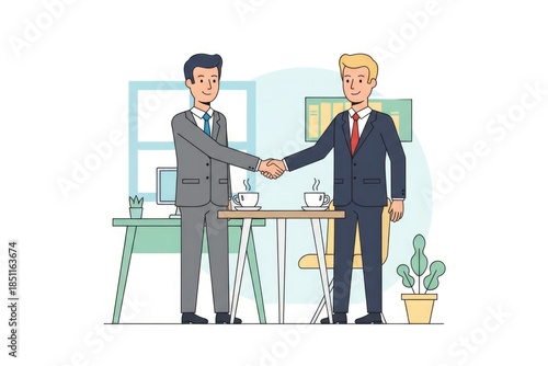 Businessmen Shaking Hands in Professional Meeting with Coffee