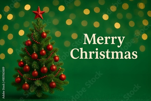 Merry Christmas is written on the green background. A Christmas tree is shown with many red ornaments