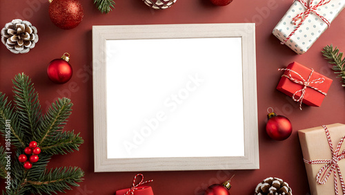 A white frame with a red background and a bunch of Christmas decorations. The frame is empty and the decorations are scattered around it