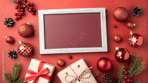 A white frame with a red background and a bunch of red and gold ornaments. The frame is empty