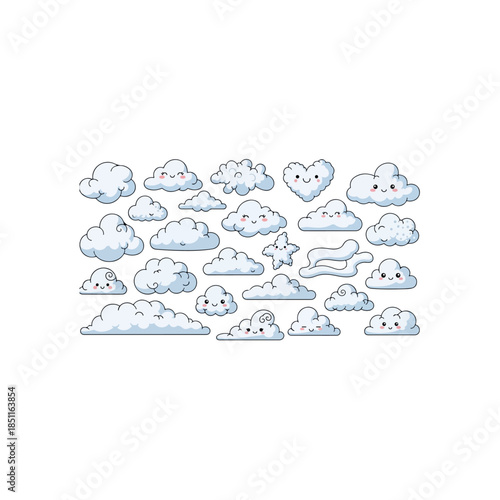 Adorable kawaii cartoon cloud vector set featuring diverse fluffy shapes and cute smiling faces, including heart and star designs, ideal for kids' illustrations, weather themes, and sweet patterns.