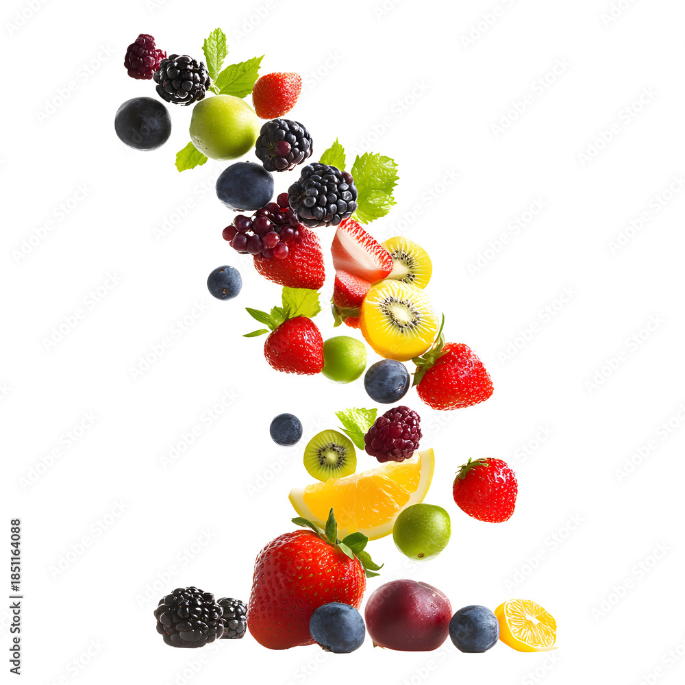 Obraz premium Floating Assorted Fruits with Transparent Background for Healthy Food Design