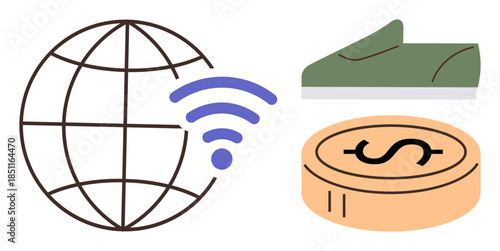 Globe with a wireless signal, dollar coin, and sneaker symbolizing online shopping, global trade, finance, business growth. Ideal for e-commerce, innovation, connectivity technology marketing