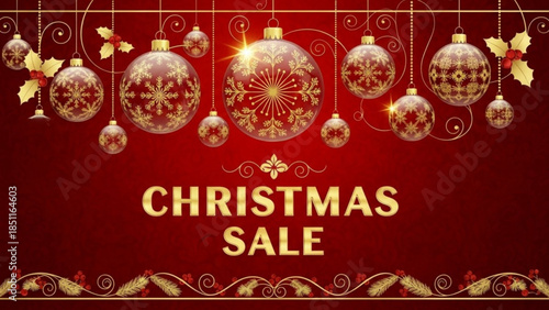 Elegant Christmas sale banner with golden ornaments and holly leaves festive holiday decoration for retail promotion deep red background