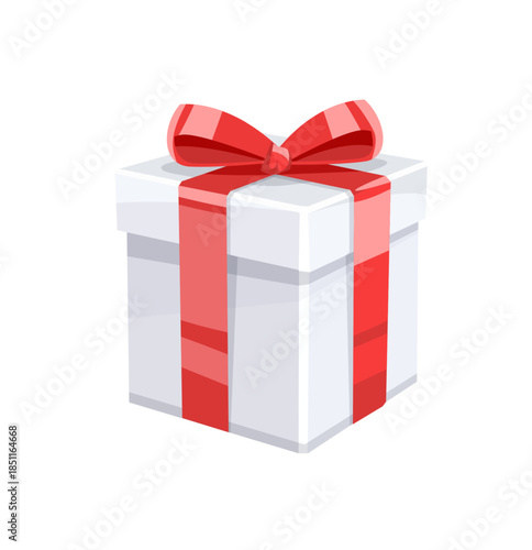 Gift box present for holiday. Packed Box for Christmas or Birthday Presents with red ribbon and bow. Isolated object cutout. Vector illustration..