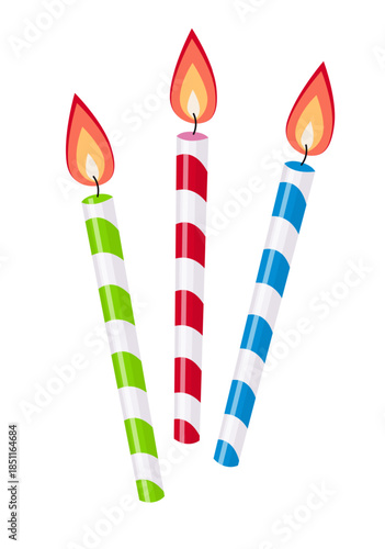 Festive burning candles for birthday cake or Christmas holiday decoration. Vector illustration