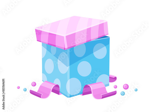 Gift box for holiday presents. Empty pack for Christmas or Birthday present with pink ribbon. Object cutout. Vector Illustration Isolated.