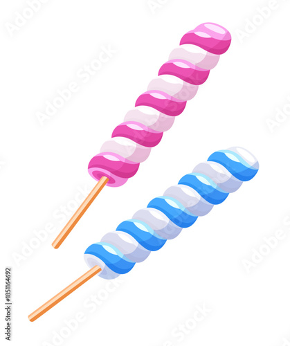 Sweet caramel spiral candies on wooden sticks. Festive food for Christmas holidays celebration. Vector illustration