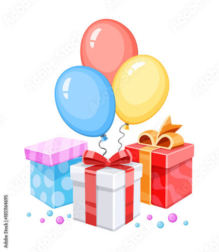 Gifts and colorful balloons for holiday. Packed Christmas or Birthday presents in the boxes with bows. Object cutout. Realistic. Vector Illustration Isolated..