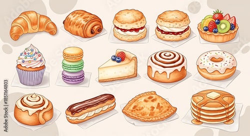 A vibrant watercolor illustration showcases an assortment of baked pastries
