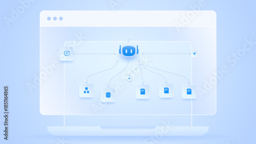 AI workflow automation artificial intelligence. ai agent network diagram dashboard with connected description input, data and automation system.