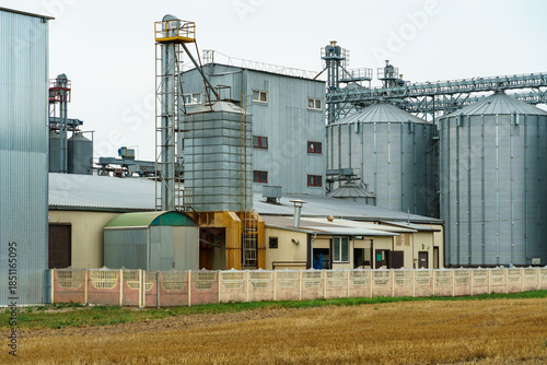 A large modern plant located near a wheat field for the storage and processing of grain crops. view of the granary illuminated by the light of the setting sun against the blue sky. harvest season.