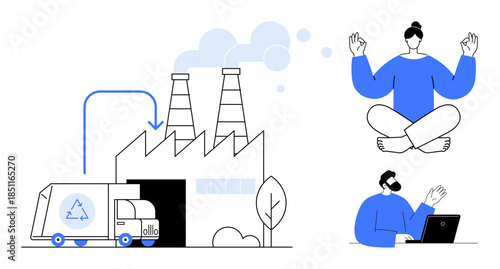 Sustainability, mindfulness, work-life balance, recycling, eco-friendly practices, environmental consciousness. A recycling truck near a factory, a meditating person, and one at a laptop