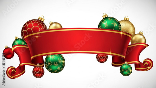 Festive red ribbon banner with Christmas ornaments holiday decoration element for seasonal greeting cards and winter celebrations