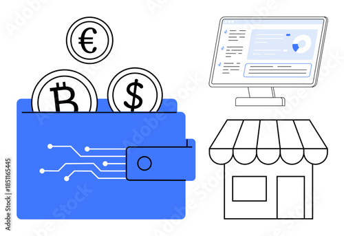 Cryptocurrency, e-commerce, digital payments, financial transactions, fintech, online shopping. Digital wallet containing Bitcoin, Euro Dollar. Cryptocurrency and e-commerce