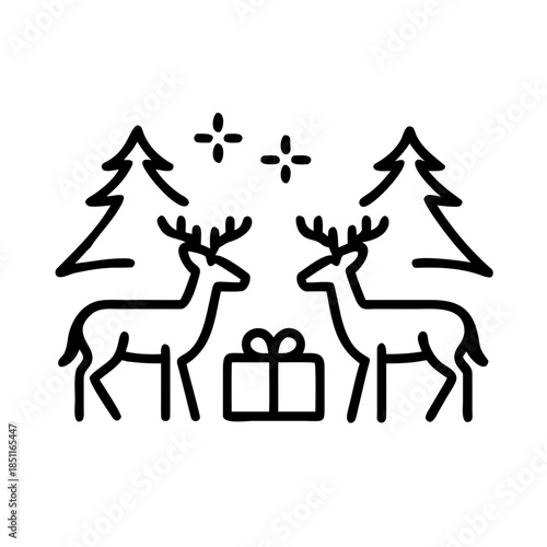 Fondo decorativo que representa un ambiente navideño con estética pastel, diseño moderno y una armoniosa composición invernal. Dos ciervos blancos entre árboles verdes, regalos pastel y follaje