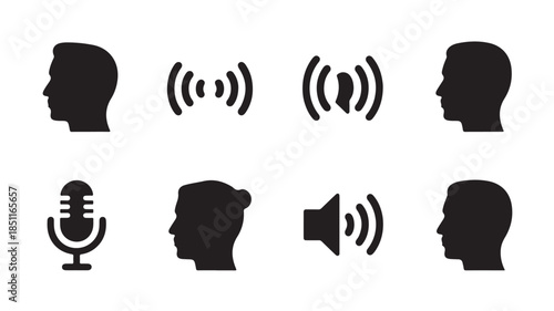 Silhouette icons of human heads and sound symbols in simple flat design with black color on white background for graphic design