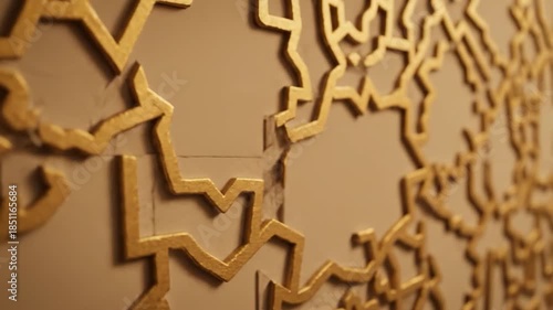 Intricate Golden Geometric Patterns Adorning a Wall, Creating a Visually Stunning and Textured Background.