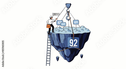 Illustrator shows a construction worker on an iceberg lifting KPIs and the number 92 with a crane, symbolizing business progress.