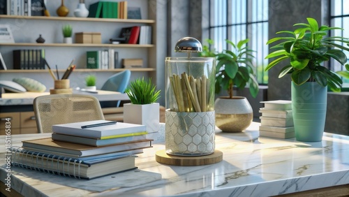 Clean and bright home office interior with desk, plants, books