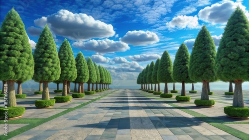 Orderly park path with uniform green trees under bright blue sky
