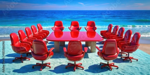 Red boardroom table and chairs on a sandy beach by blue ocean
