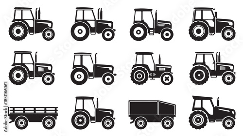 Tractor Silhouettes in Various Angles and Styles on White Background for Agricultural Design