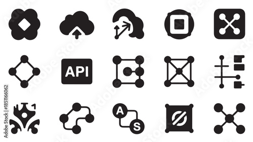 Set of black software development icons in modern minimalist style with bold lines and simple shapes for tech branding