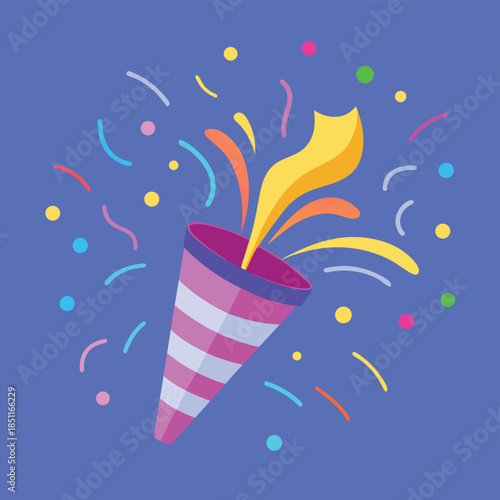Festive cartoon illustration of a party popper exploding with confetti and streamers, signaling celebration and fun.