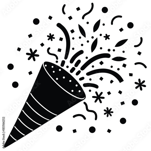 A festive cartoon party popper bursting with colorful confetti and streamers, creating a sense of excitement and celebration.