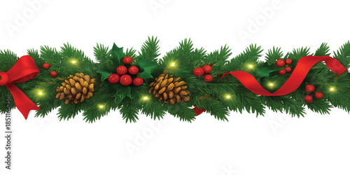 Horizontal Christmas garland with pine cones, fir branches, holly berries, glowing lights, and ribbons. Perfect for holiday banners, cards, and party posters. Transparent background in vector file
