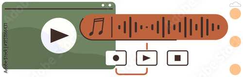 Media player with play button, soundwave timeline, music note, and playback controls. Ideal for editing, media, technology, creativity, sound engineering content creation entertainment simple flat