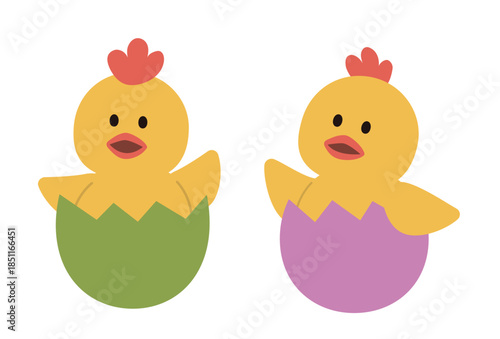Easter Chick Sitting in Eggshells  Flat Vector Illustration Set.
Cute Spring Easter Chicken Clipart
White background.