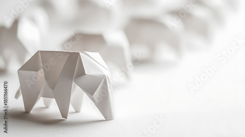 A line of white, origami elephants stands out on a white surface. The focus is on the foremost figure, sharply defined with geometric folds, while the others blur into the background.