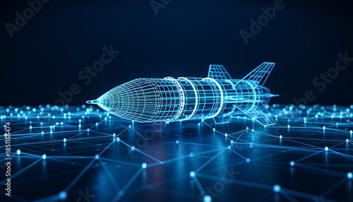 Digital blueprint of a high tech missile with glowing blue outlines on a dark network floor representing advanced weapon systems and military research