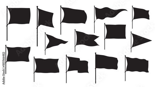 Black Flags in Various Positions Silhouette on White Background for Web Design Elements
