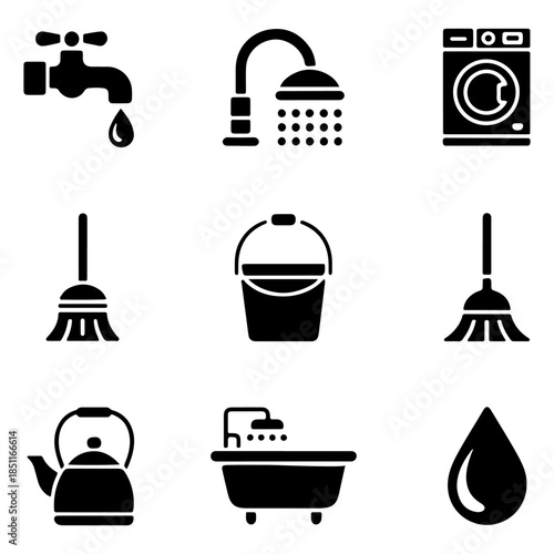 Set of icons representing various household items isolated on a transparent background