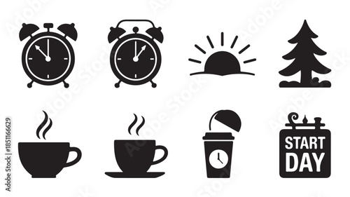 Morning Routine Icons in Simple Flat Design with Black Color on White Background for Productivity
