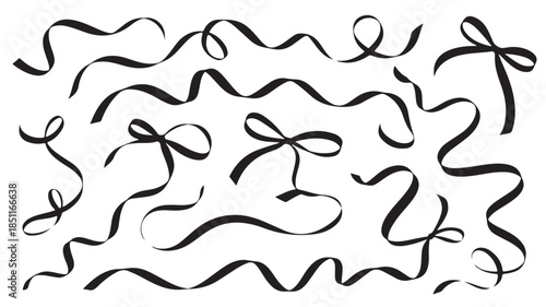 Black ribbons with bows in elegant minimalist style on white background for gift wrapping