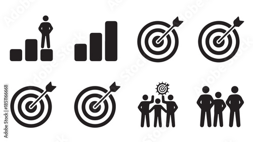 Business target icons in simple flat design with black color on white background for marketing infographics