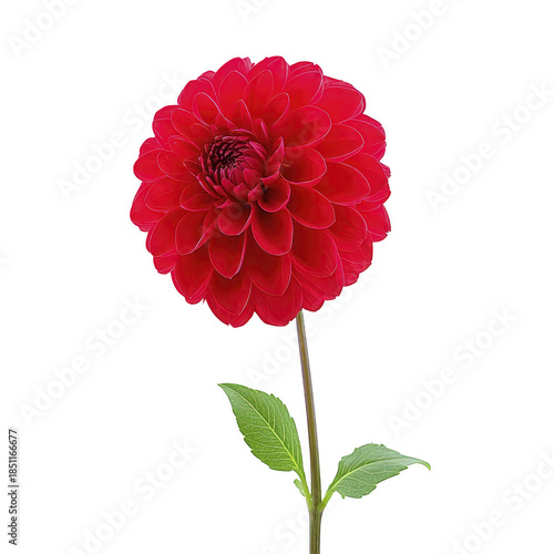 Red dahlia flower with lush petals and green leaves on single stem, isolated on transparency background, symbolizing elegance and beauty, perfect for floral design